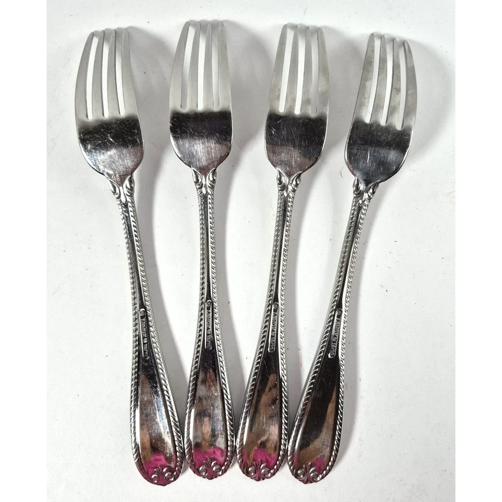 Set of4 Lenox TUDOR BEAD Augusta Stainless 18/10 Rope Edge Dinner Forks Flatware